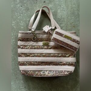 Large Betsey Johnson Pink and Gold Glitter Tote AND Wallet